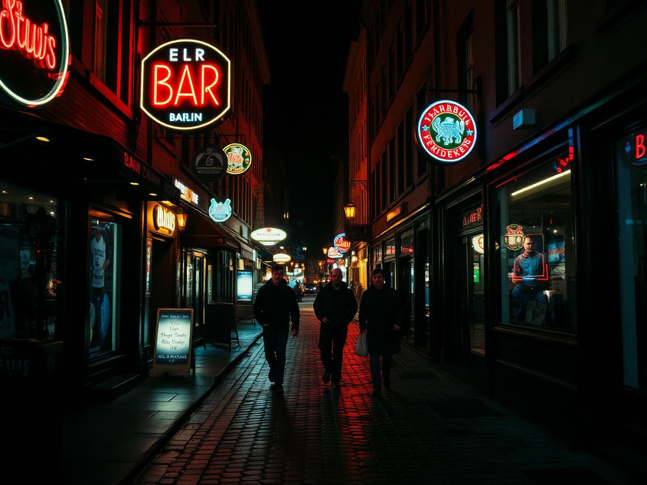 Neon bar signs on a wet Berlin street at night